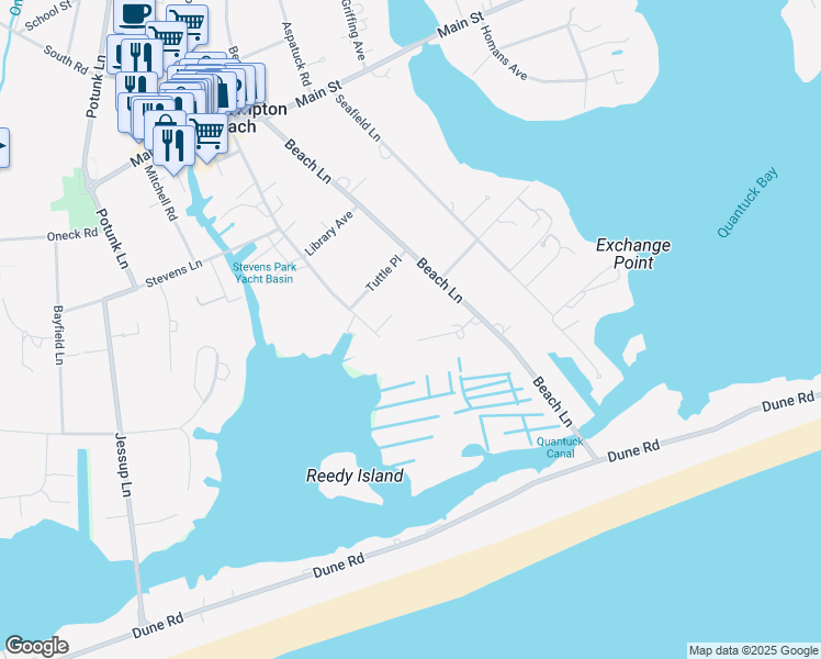 map of restaurants, bars, coffee shops, grocery stores, and more near 16 Fanning Drive in Westhampton Beach