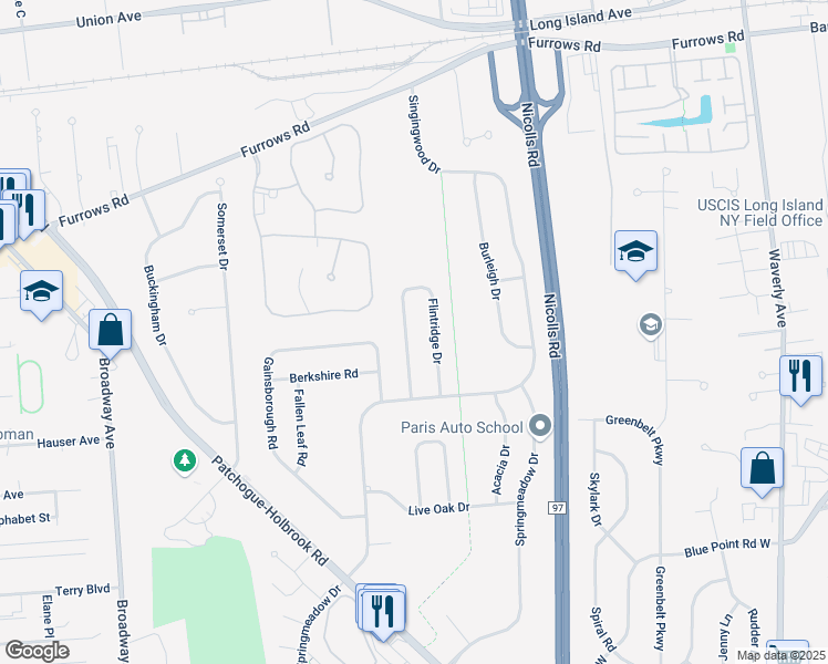 map of restaurants, bars, coffee shops, grocery stores, and more near 47 Flintridge Drive in Holbrook