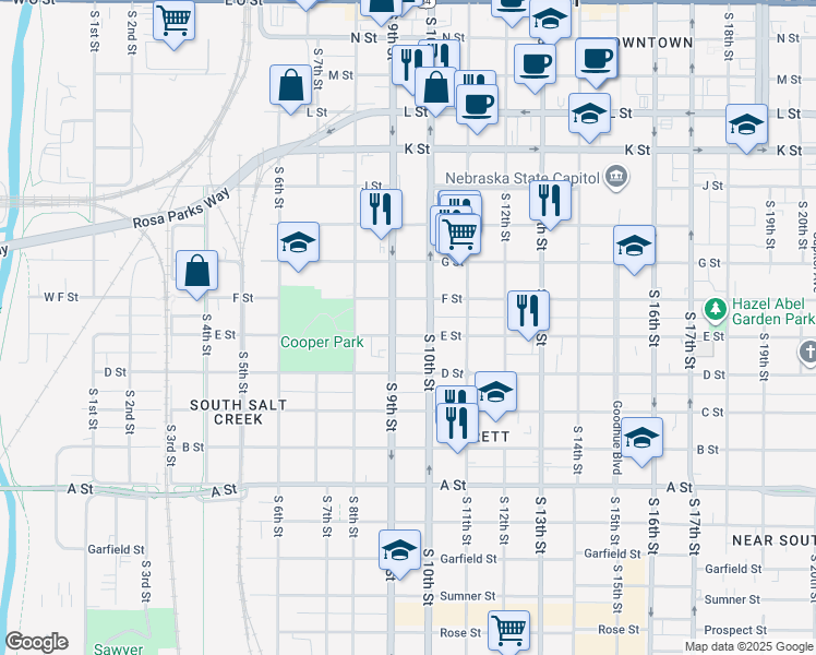 map of restaurants, bars, coffee shops, grocery stores, and more near 921 F Street in Lincoln