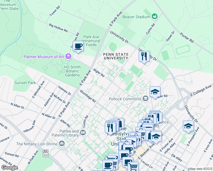 map of restaurants, bars, coffee shops, grocery stores, and more near in State College
