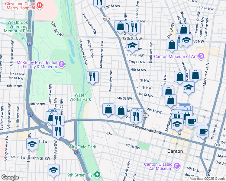 map of restaurants, bars, coffee shops, grocery stores, and more near 1145 7th Street Northwest in Canton