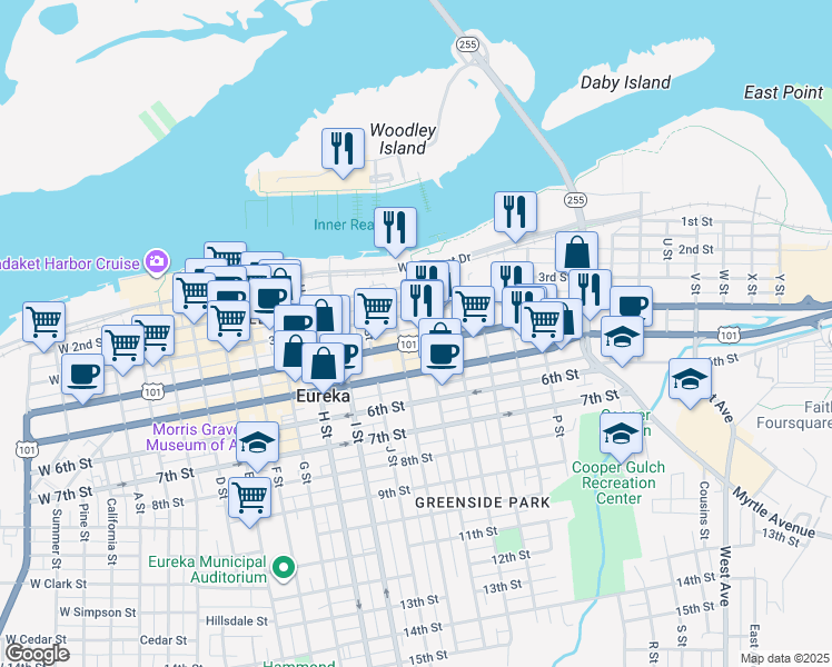 map of restaurants, bars, coffee shops, grocery stores, and more near 1103 3rd Street in Eureka