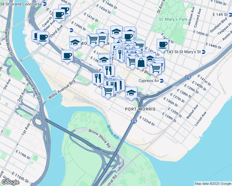 map of restaurants, bars, coffee shops, grocery stores, and more near 532 East 134th Street in The Bronx