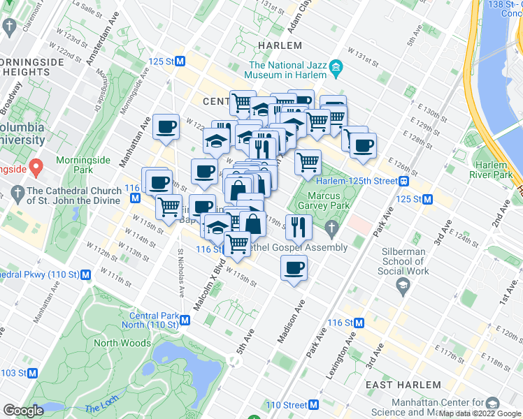 map of restaurants, bars, coffee shops, grocery stores, and more near 19 West 120th Street in New York