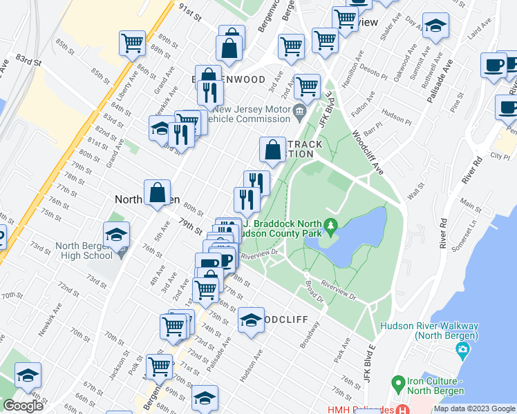 map of restaurants, bars, coffee shops, grocery stores, and more near 8214 1st Avenue in North Bergen