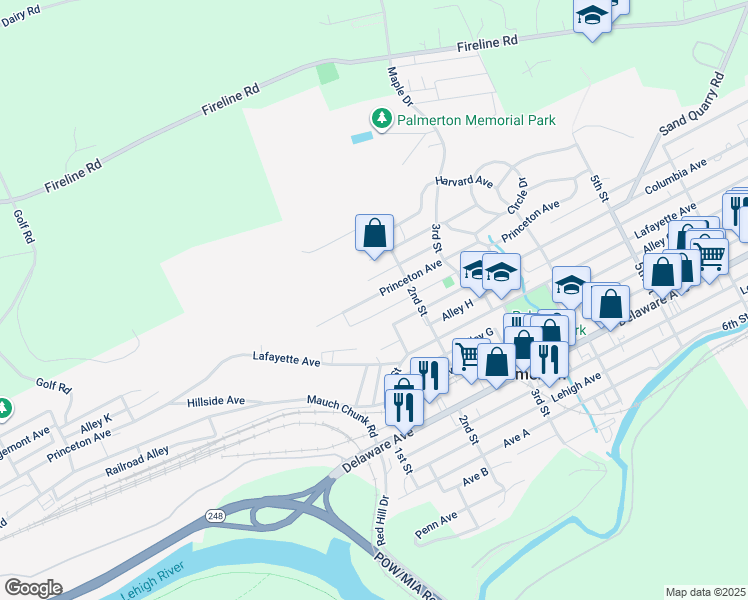map of restaurants, bars, coffee shops, grocery stores, and more near Klotz Lane in Palmerton