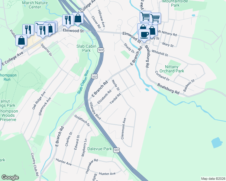map of restaurants, bars, coffee shops, grocery stores, and more near 100-116 Norle Street in State College