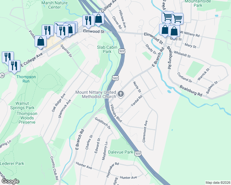 map of restaurants, bars, coffee shops, grocery stores, and more near Mount Nittany Expressway in Boalsburg
