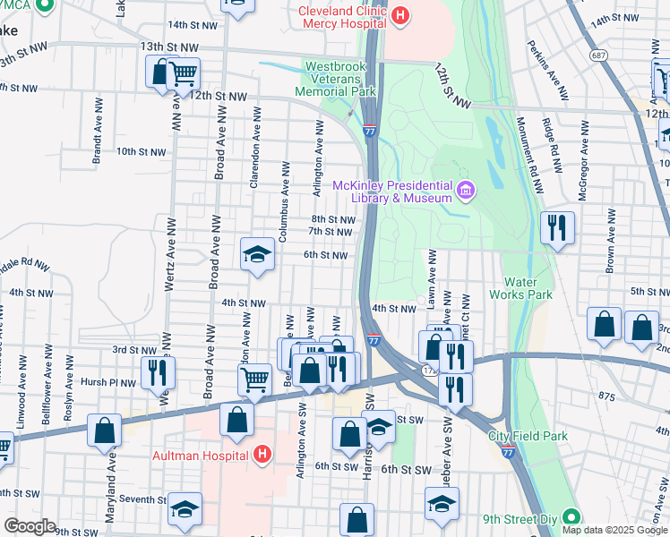 map of restaurants, bars, coffee shops, grocery stores, and more near 605 Smith Avenue Northwest in Canton