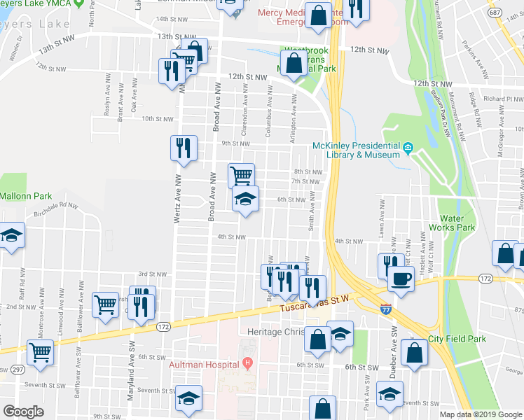 map of restaurants, bars, coffee shops, grocery stores, and more near 2501 6th Street Northwest in Canton
