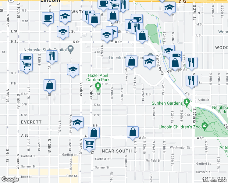map of restaurants, bars, coffee shops, grocery stores, and more near 1937 F Street in Lincoln