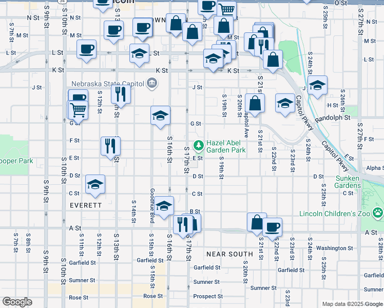 map of restaurants, bars, coffee shops, grocery stores, and more near 1719 F Street in Lincoln