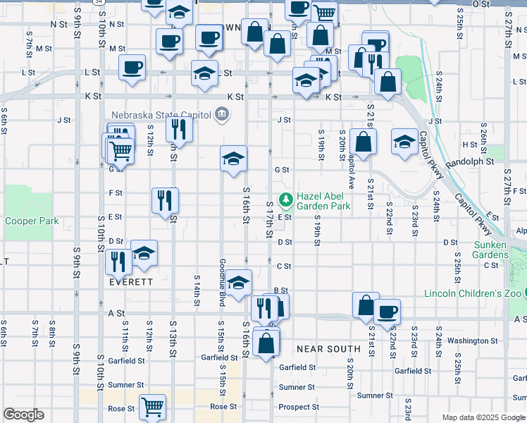 map of restaurants, bars, coffee shops, grocery stores, and more near 1617 F Street in Lincoln