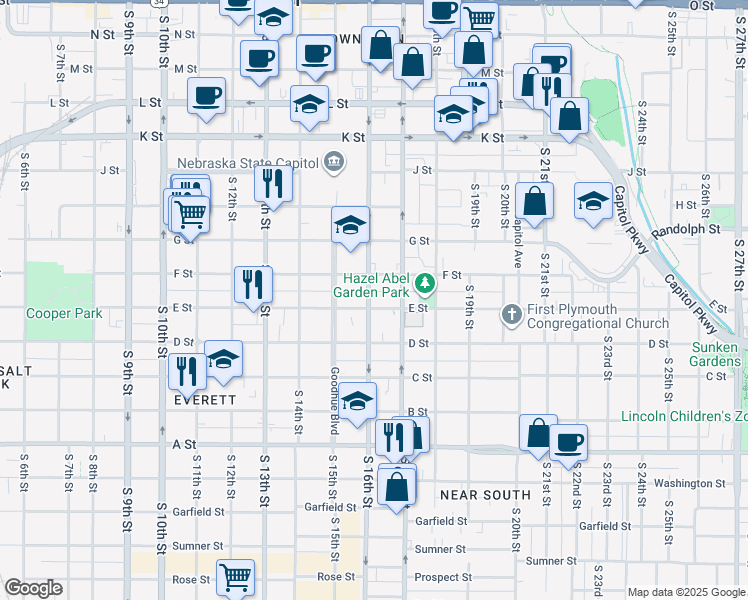 map of restaurants, bars, coffee shops, grocery stores, and more near 1617 F Street in Lincoln