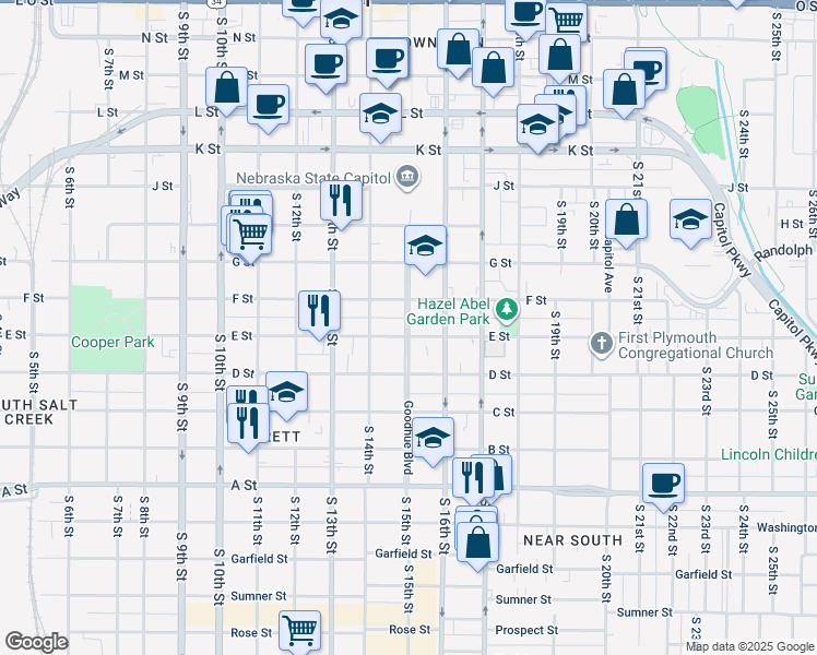map of restaurants, bars, coffee shops, grocery stores, and more near 1519 F Street in Lincoln