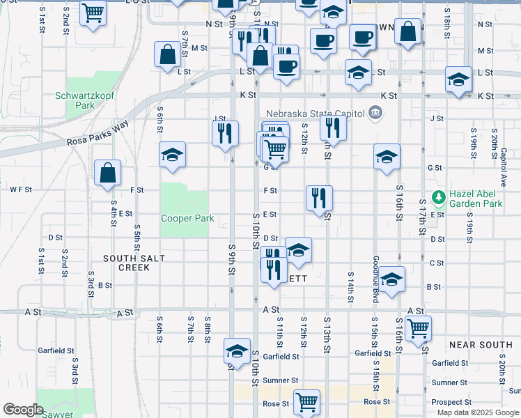map of restaurants, bars, coffee shops, grocery stores, and more near 908 South 10th Street in Lincoln