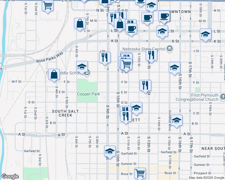 map of restaurants, bars, coffee shops, grocery stores, and more near 921 F Street in Lincoln