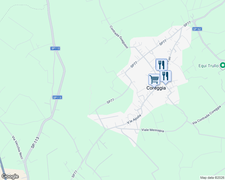 map of restaurants, bars, coffee shops, grocery stores, and more near Strada Provinciale 77 in Bari