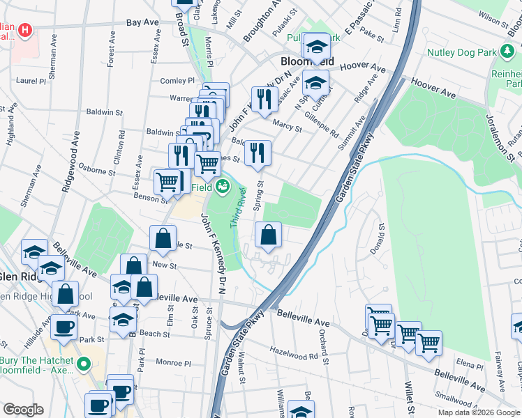 map of restaurants, bars, coffee shops, grocery stores, and more near 17 Cottage Place in Bloomfield