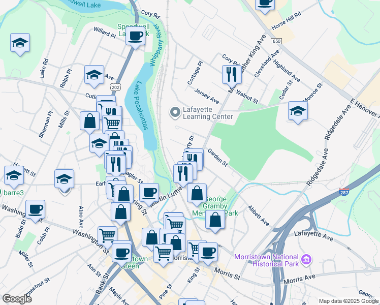 map of restaurants, bars, coffee shops, grocery stores, and more near 16 Liberty Street in Morristown