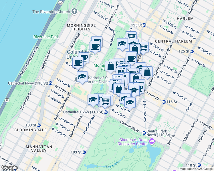 map of restaurants, bars, coffee shops, grocery stores, and more near W 114th St & Morningside Ave in New York