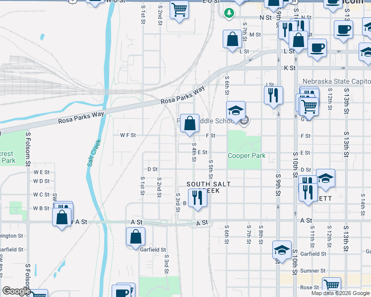 map of restaurants, bars, coffee shops, grocery stores, and more near 301 F Street in Lincoln