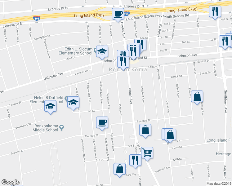 map of restaurants, bars, coffee shops, grocery stores, and more near 2306 Pine Avenue in Ronkonkoma