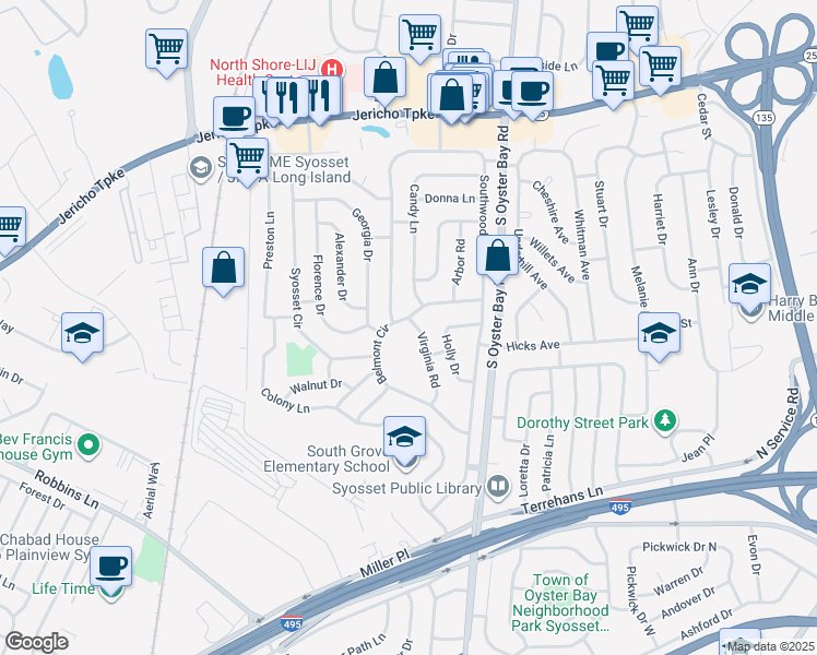 map of restaurants, bars, coffee shops, grocery stores, and more near 10 Southwood Circle in Syosset