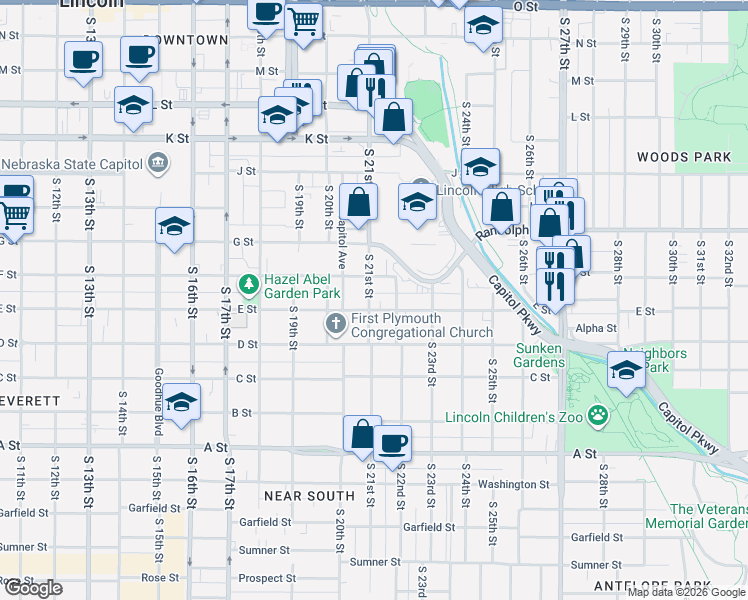 map of restaurants, bars, coffee shops, grocery stores, and more near 2125 F Street in Lincoln