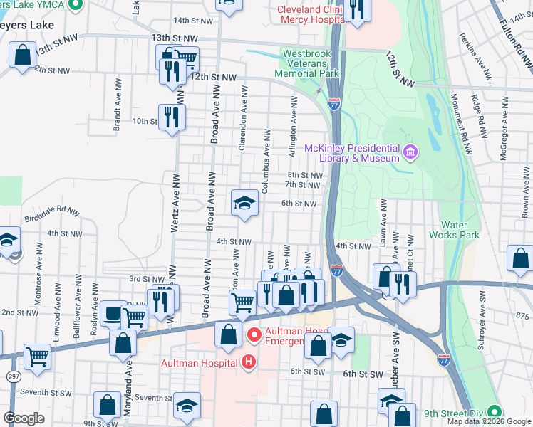 map of restaurants, bars, coffee shops, grocery stores, and more near 526 Columbus Avenue Northwest in Canton