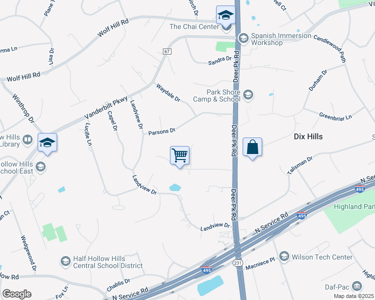map of restaurants, bars, coffee shops, grocery stores, and more near 5 Memas Court in Dix Hills