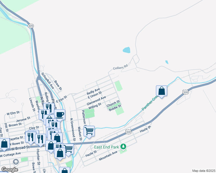 map of restaurants, bars, coffee shops, grocery stores, and more near 527 East Elm Street in Tamaqua