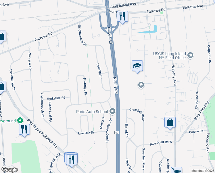 map of restaurants, bars, coffee shops, grocery stores, and more near 178 Singingwood Drive in Holbrook