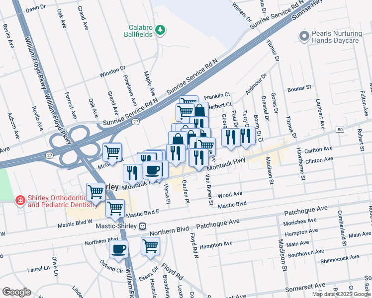 map of restaurants, bars, coffee shops, grocery stores, and more near 999 Montauk Highway in Shirley