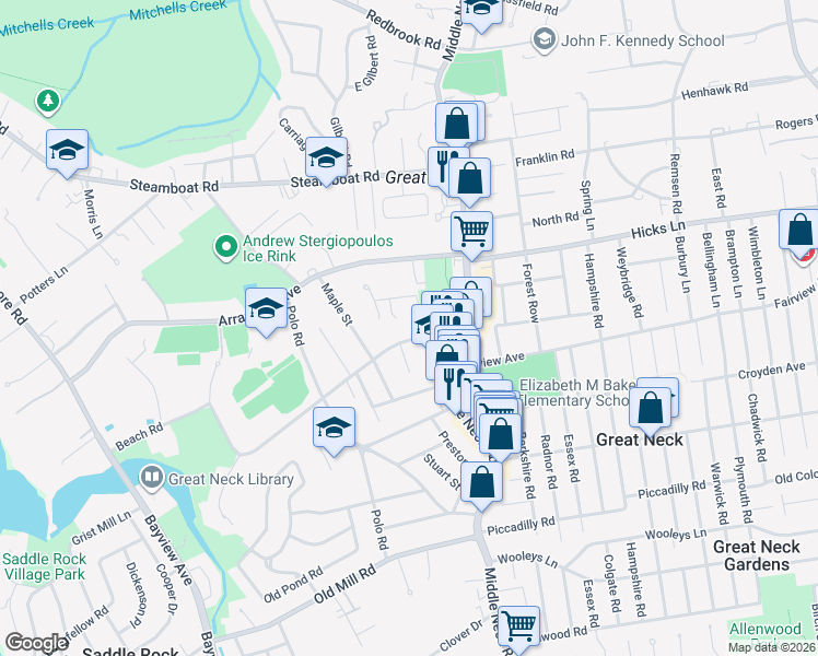 map of restaurants, bars, coffee shops, grocery stores, and more near 7 Willow Lane in Great Neck