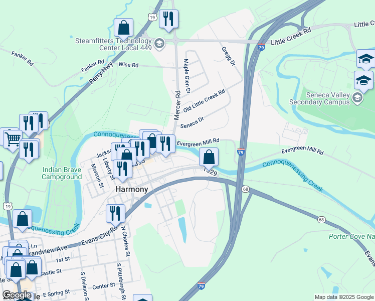 map of restaurants, bars, coffee shops, grocery stores, and more near 110 Voegtly Lane in Harmony