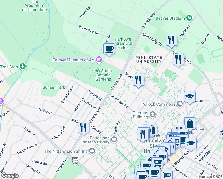 map of restaurants, bars, coffee shops, grocery stores, and more near in State College