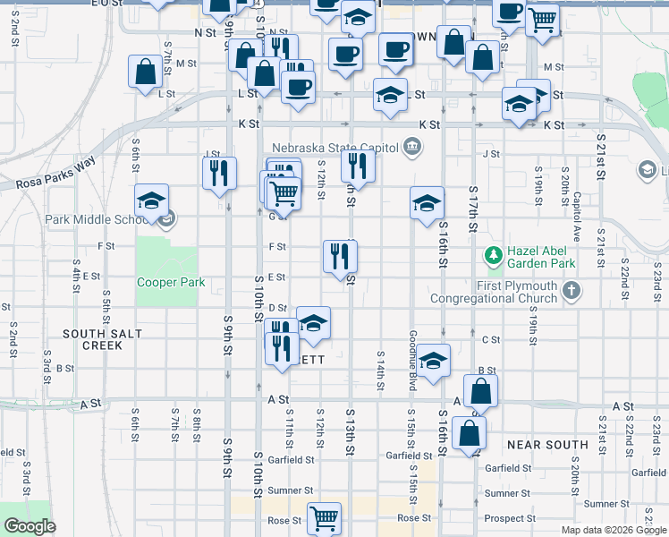 map of restaurants, bars, coffee shops, grocery stores, and more near 1209 F Street in Lincoln