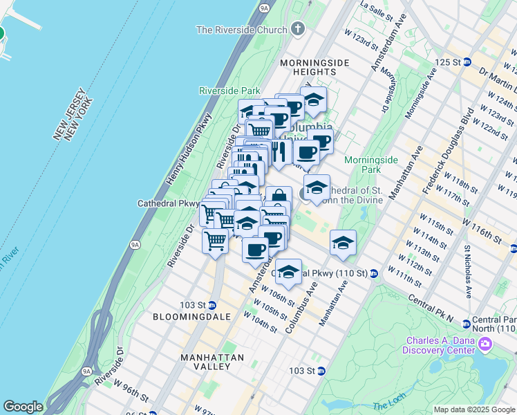 map of restaurants, bars, coffee shops, grocery stores, and more near 535 West 111th Street in New York
