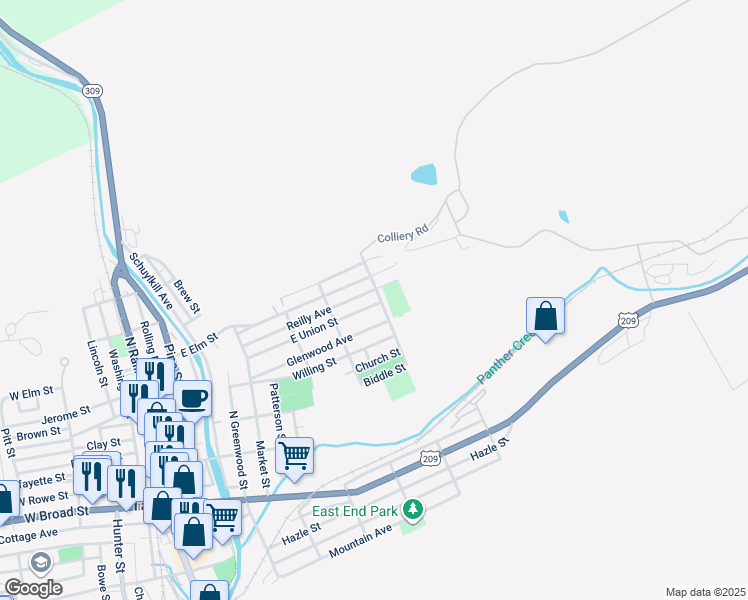 map of restaurants, bars, coffee shops, grocery stores, and more near 553 East Union Street in Tamaqua