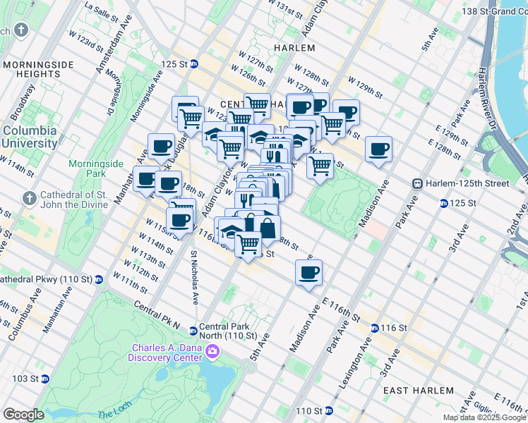 map of restaurants, bars, coffee shops, grocery stores, and more near Lenox Ave & W 119th St in New York
