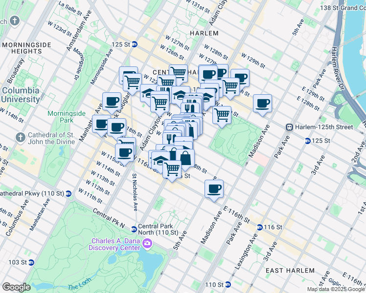 map of restaurants, bars, coffee shops, grocery stores, and more near Lenox Avenue in New York