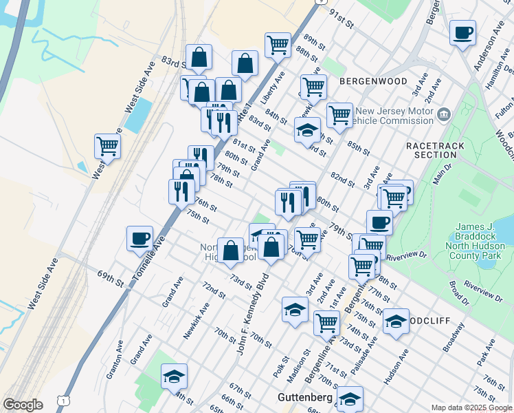 map of restaurants, bars, coffee shops, grocery stores, and more near 1400 78th Street in North Bergen