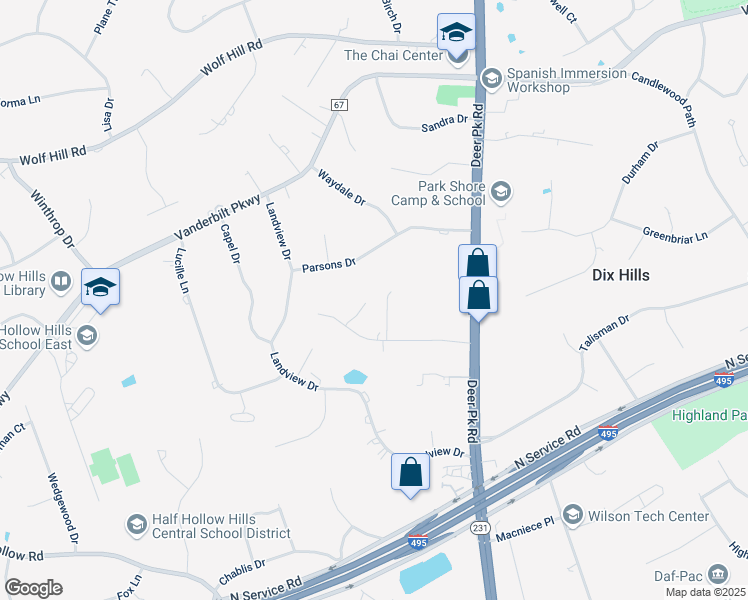 map of restaurants, bars, coffee shops, grocery stores, and more near 5 Memas Court in Dix Hills