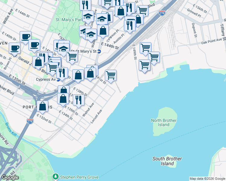 map of restaurants, bars, coffee shops, grocery stores, and more near 906 East 141st Street in Bronx