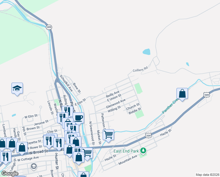 map of restaurants, bars, coffee shops, grocery stores, and more near 435 East Elm Street in Tamaqua