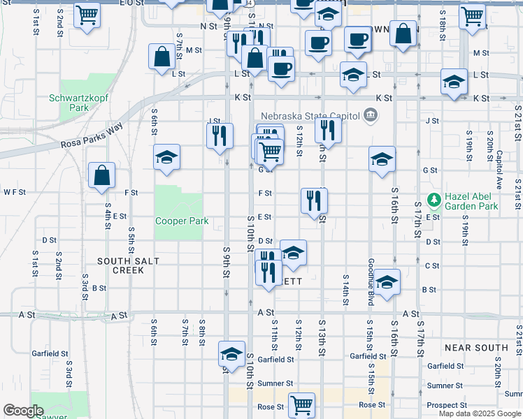 map of restaurants, bars, coffee shops, grocery stores, and more near 1020 E Street in Lincoln