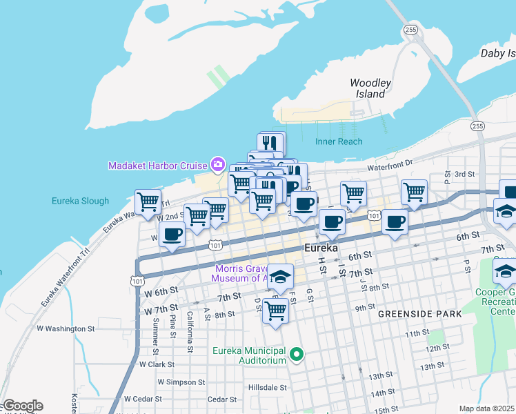 map of restaurants, bars, coffee shops, grocery stores, and more near 427 2nd Street in Eureka