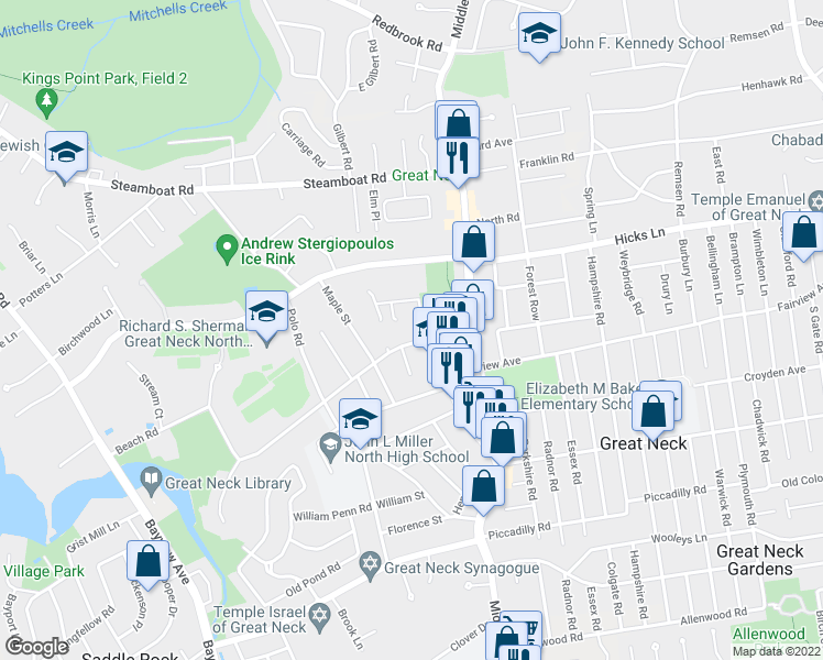 map of restaurants, bars, coffee shops, grocery stores, and more near 7 Willow Lane in Great Neck