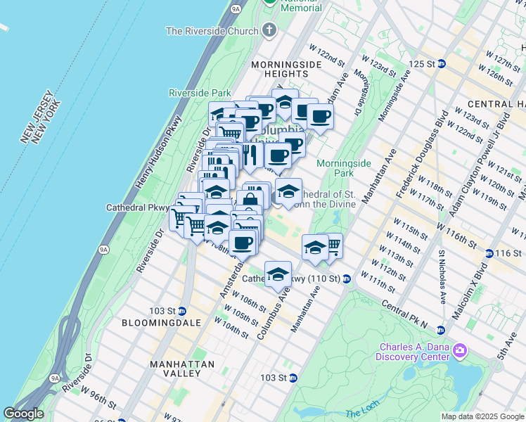 map of restaurants, bars, coffee shops, grocery stores, and more near 1060 Amsterdam Avenue in New York